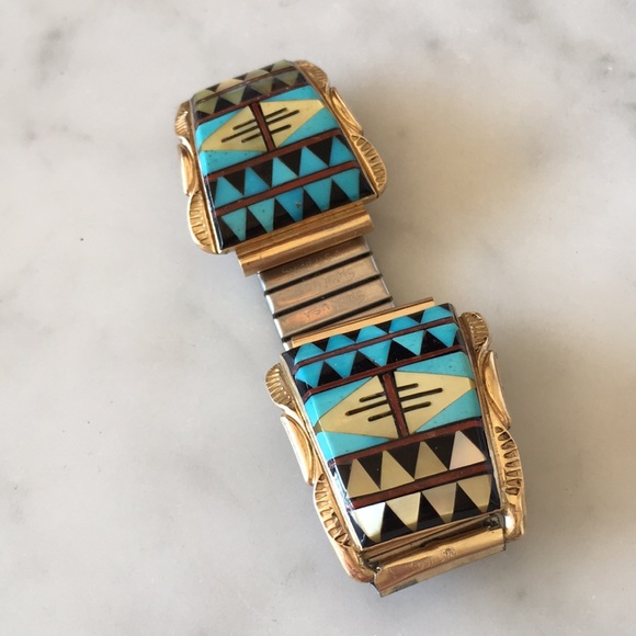 Vintage 14K Gold Native American Zuni Watch Tips Artist Signed Walley - Picture 2 of 11